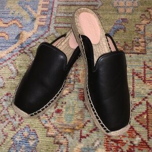 J.Crew Black Leather Slide Mule Espadrille Jute Sole Sandals